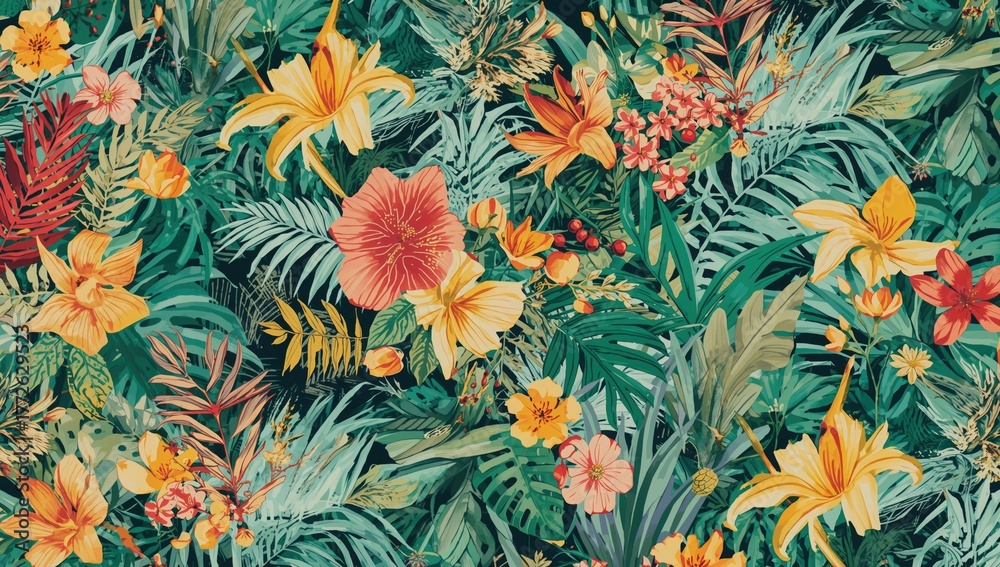 Obraz premium Tropical floral illustration in vibrant colors, ideal for fabric design