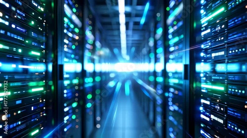 A data center corridor illuminated by neon lights with servers lined along both sides