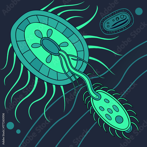 Stylized illustration of a large amoeba like organism with a smaller bacterium floating nearby against a dark blue background with wavy lines