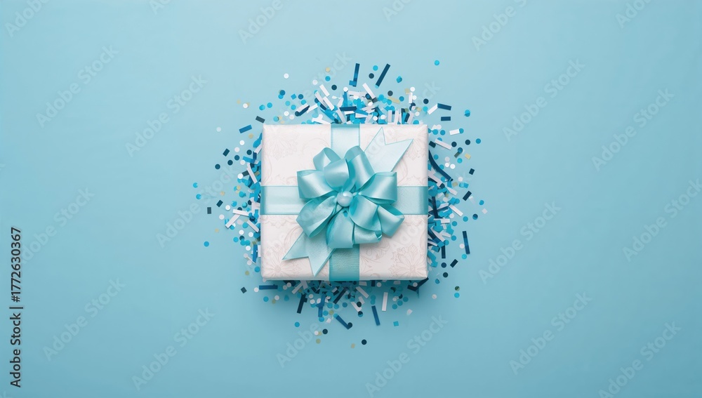 Fototapeta premium Beautiful gift box adorned with a bow and confetti on a blue surface, ideal for festive presentations
