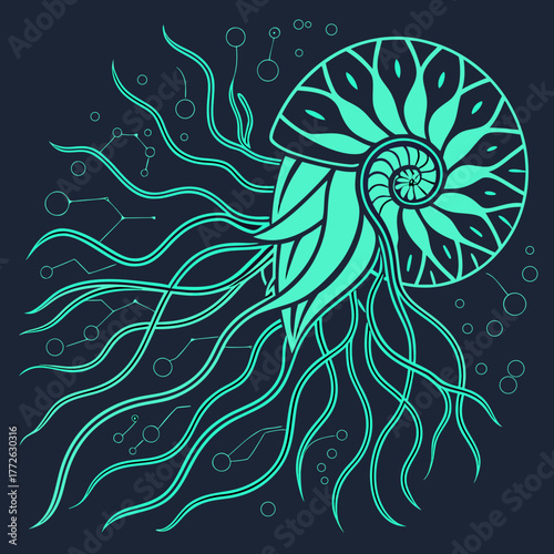 Stylized nautilus shell with flowing tentacles and abstract molecular structures on a dark blue background