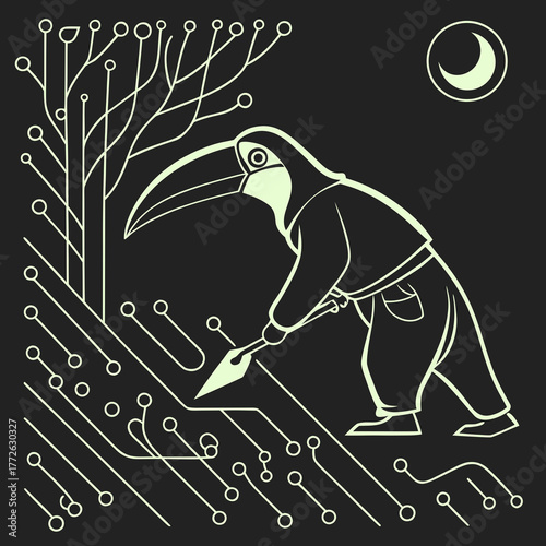 Stylized plague doctor bird character with a long beak and mask working on a glowing circuit board with a tree and moon in the background at night
