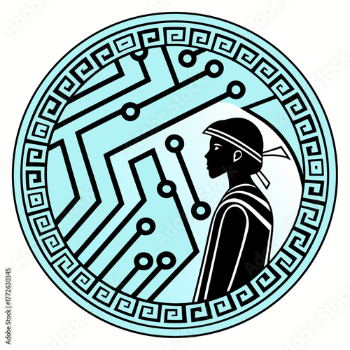 Stylized silhouette of a person wearing a headband within a circular design featuring a greek key border and a circuit board pattern
