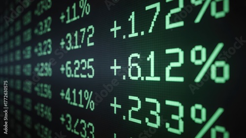 Stock market data displayed on a screen, with numbers representing financial trends and statistics