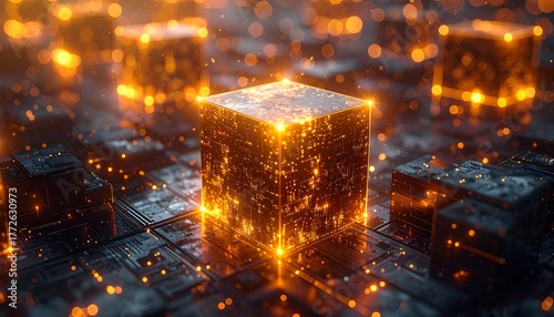 Glowing golden cubes with intricate details sit on a dark, textured surface, surrounded by scattered, shining particles
