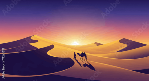 A minimalist vector illustration of a traveler walking with a camel across glowing desert dunes at sunset, featuring smooth gradients, clean lines, and deep violet shadows.