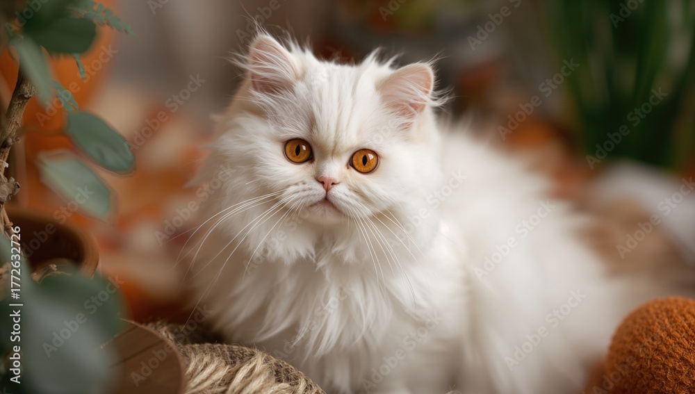 Obraz premium White Persian Cat Relaxing Indoors, Observing Surroundings