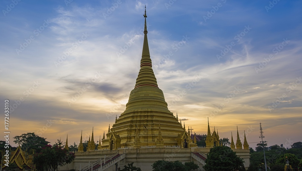 Fototapeta premium Golden Pagoda on a Hilltop at Dusk with Blue Sky Background