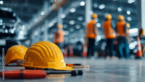 Wallpaper Mural Close-up of yellow hard hats on a construction site with workers in the background, emphasizing safety and teamwork. Torontodigital.ca