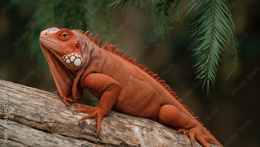 Fototapeta premium Female Red Iguana, a sizable plant-eating lizard inhabiting trees, showcasing a fiber-dense choice