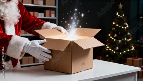 Santa Claus packing gift boxes for delivery, Christmas post office concept