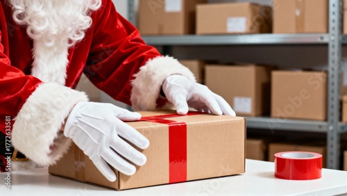 Santa Claus packing gift boxes for delivery, Christmas post office concept