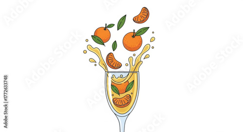 Orange juice splash with tangerine slices and leaves in glass  
