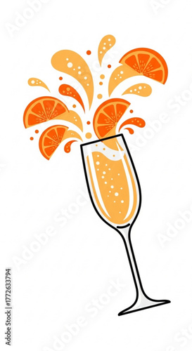 Sparkling champagne glass with orange slices and splashes for celebration  