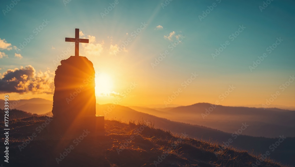Fototapeta premium Easter and Good Friday theme, Vacant grave marker with cross against dawn mountain scenery, reflection of renewal
