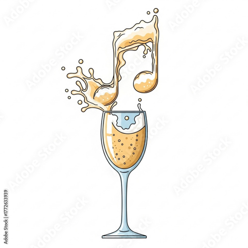 Sparkling drink splashing with musical notes in a glass  