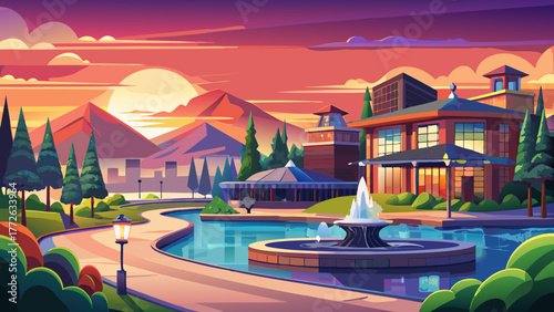 Very beautiful Riverstone public park at sunset in Coeur d'Alene, Idaho, USA, with glowing sky, calm lake, water fountain, modern buildings, and inviting restaurants reflecting on the water.