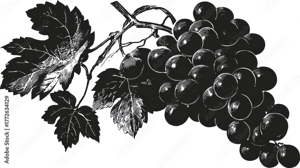 Fototapeta premium Black and white illustration of a grape cluster and leaves on white background