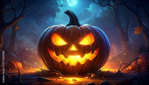 Glowing jack-o'-lantern in a spooky forest, illuminated by moonlight. Eerie, atmospheric, and festive Halloween scene