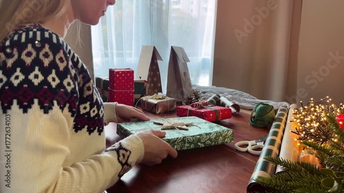 Woman wearing a Christmas-patterned sweater, wrapping gifts at home, cozy holiday atmosphere and festive decor
