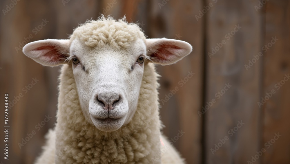 Obraz premium White Border Leicester ewe in a zoo, showcasing a humorous sheep muzzle against wooden backdrop, agricultural setting