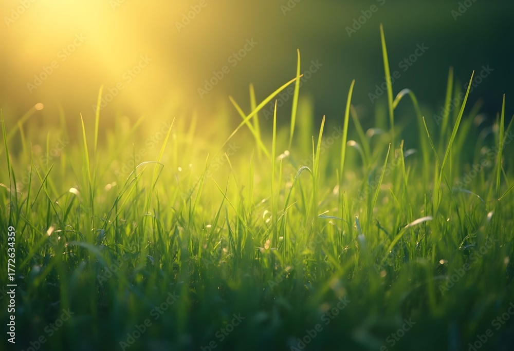 Fototapeta premium Sunlight Illuminates Fresh Green Grass in a Peaceful Field