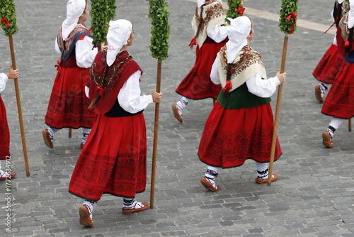 Basque folk dancers during a performance in a street festival