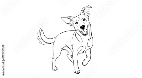 Vector of a playful dog wagging its tail, minimal line art, isolated on white background