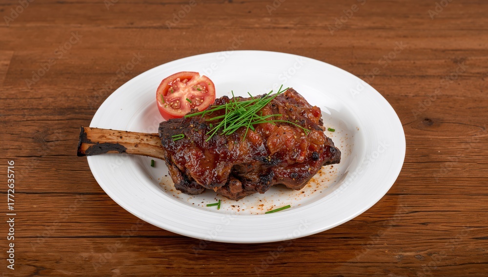 Fototapeta premium Grilled shoulder served on a white dish with chives and tomato on a wooden surface