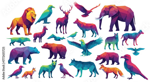 Vibrant geometric animals for colorful designs featuring a lion, eagle, deer, elephant, bear, wolf, fox, and assorted birds on a clean white background