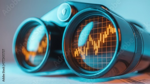 Binoculars revealing a rising stock chart, symbolizing investment strategy and vision