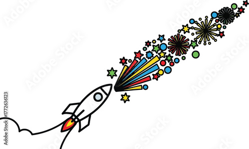 Rocket launching with fireworks trail on dark blue background illustration
