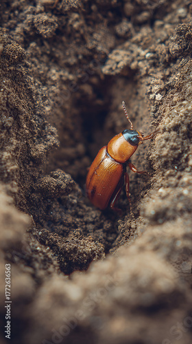 Wallpaper Mural Orange beetle emerging from soil hole, Close-up of insect in earthy tunnel environment Torontodigital.ca