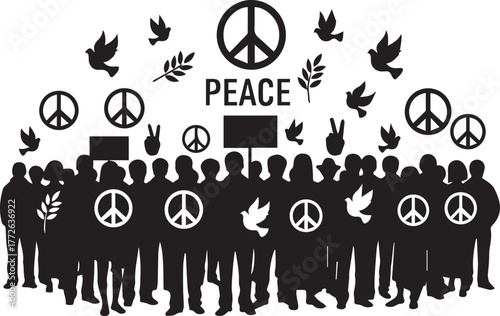 Diverse crowd holding peace signs and demonstrating for human rights and unity