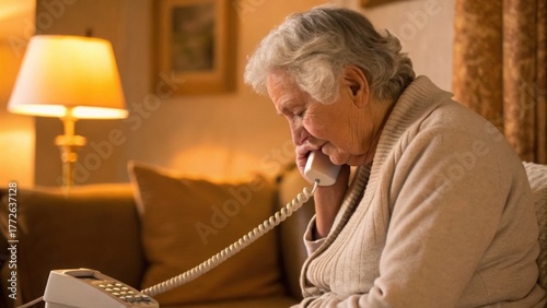 Senior Woman Dialing Emergency Number on Landline Phone at Home