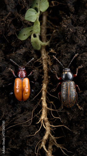 Wallpaper Mural Two beetles near plant roots in soil, Close-up of garden pests damaging crop roots Torontodigital.ca