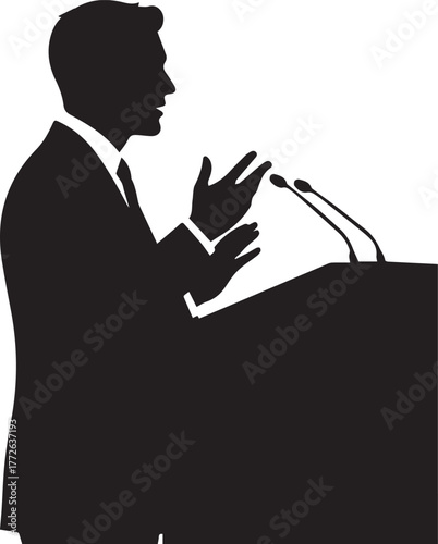 Silhouette of orator speaking actively at podium with microphones empowering human rights advocacy