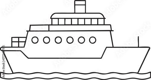 Passenger ferry boat traveling on wavy water outline illustration for maritime design theme