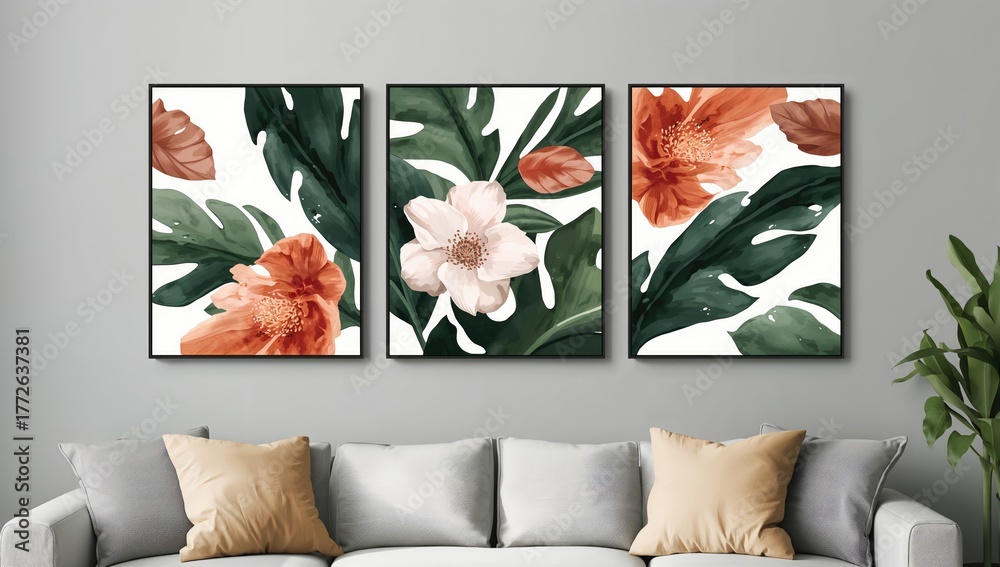 Trio of canvas prints designed for decorating offices, living spaces, bedrooms, and kitchens featuring floral and monstera leaf motifs.
