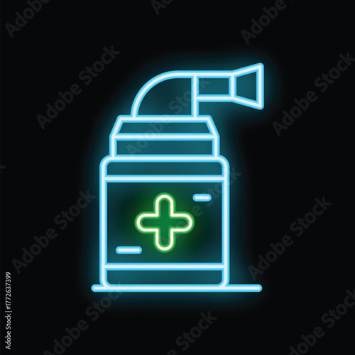 Glowing neon line medical bottle with nozzle spray for the treatment of diseases of the nose and throat icon isolated on black background. Vector illustration