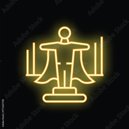 Neon sign representing a superhero standing with arms wide open, a symbol of power, courage and heroism
