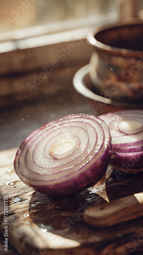 Wallpaper Mural Sliced red onion on rustic wooden cutting board, Freshly cut purple onion with knife and warm kitchen light Torontodigital.ca