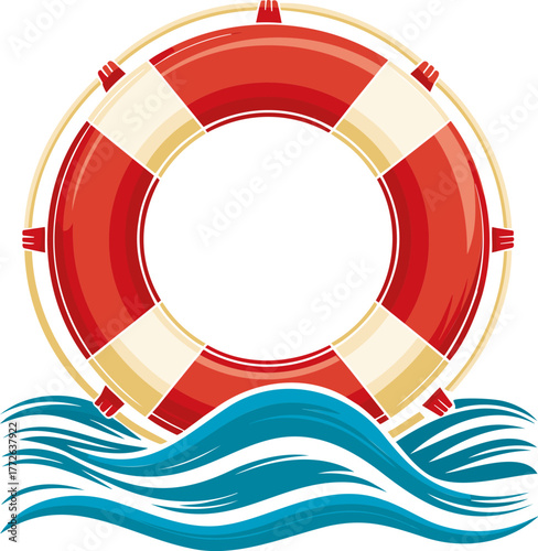 Vector Illustration Of A Lifeguard Rescue Ring With Ocean Waves. Lifeguard Rescue Buoy