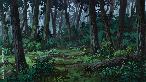 Dark anime forest background with eerie atmosphere, 2D game environment, haunting fantasy landscape