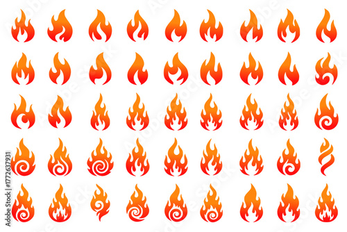A vibrant set of vector flame icons in orange, red, and gradient tones, each uniquely styled with varied shapes, swirls, and abstract contours
