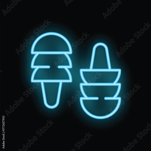 Neon icon of earplugs with different noise reduction levels, glowing blue against a dark background