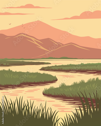 Lake Titicaca Sunrise – Sacred Floating Islands Vector Illustration