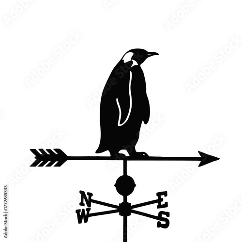 Penguin silhouette weather vane with cardinal directions, in black on transparent background, isolated, vector
