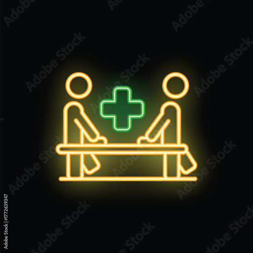 Neon icon of two doctors examining patient lying on medical stretcher