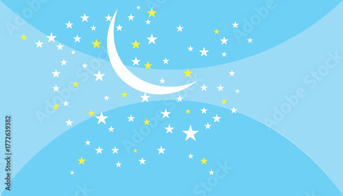 Whimsical crescent moon shines brightly amidst sparkling stars and soft clouds	